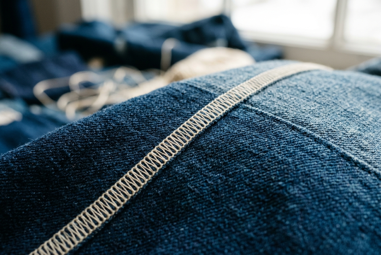 Precision seam construction on premium cotton garment